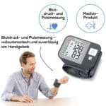 Blutdruck- und Pulsmessgerät am Handgelenk für zuverlässige Gesundheitskontrolle.