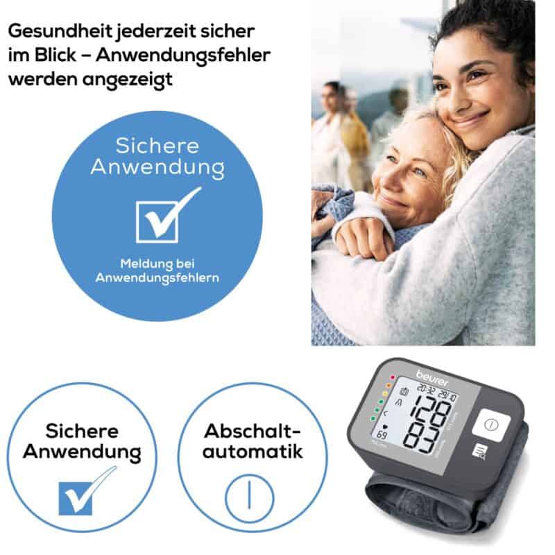 Blutdruckmessgerät mit automatischer Abschaltung für sichere Anwendung bei Bluthochdruck.
