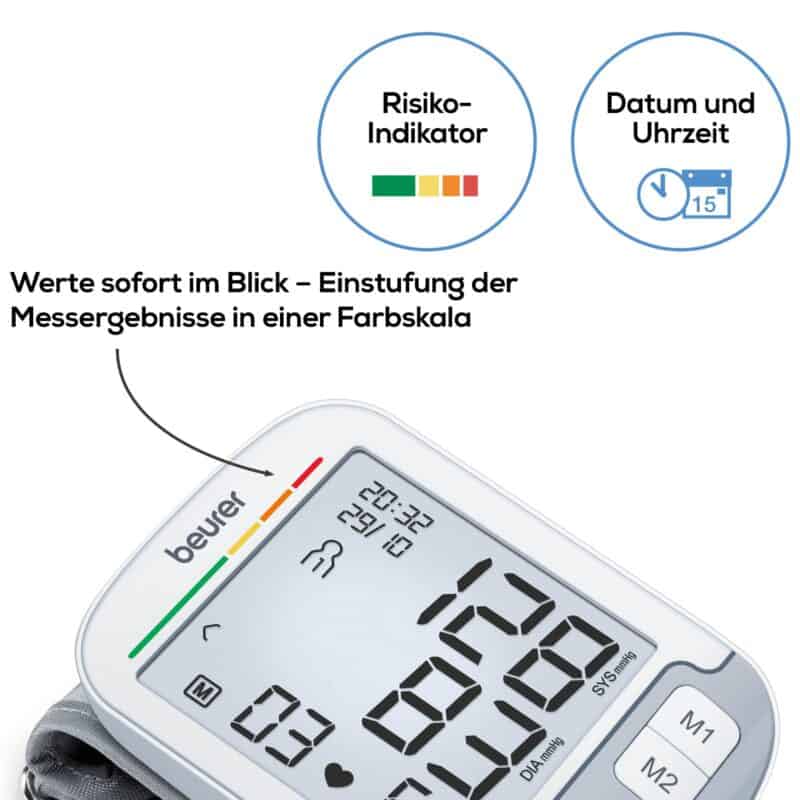 Digitales Blutdruckmessgerät mit Farbskala zur schnellen Einschätzung der Werte.