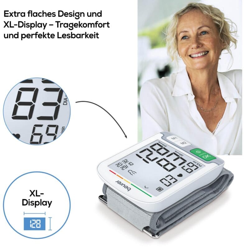 Hochwertiges Blutdruckmessgerät mit großem Display und komfortablen Tragekomfort.