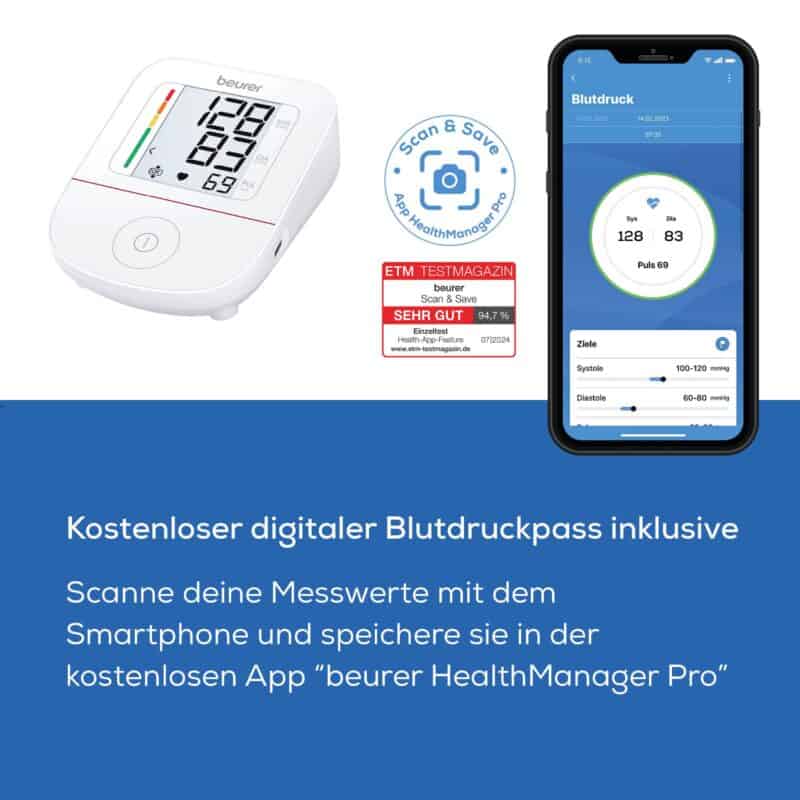 Digitale Blutdruckuhr mit App-Synchronisation, kostenloser Blutdruckpass, Gesundheitsüberwachung.