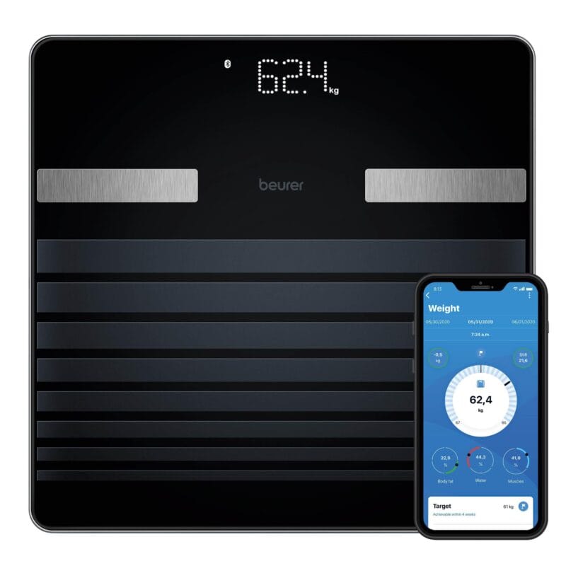 Moderne smarte Waage mit Smartphone-Konnektivität und App-Tracking.