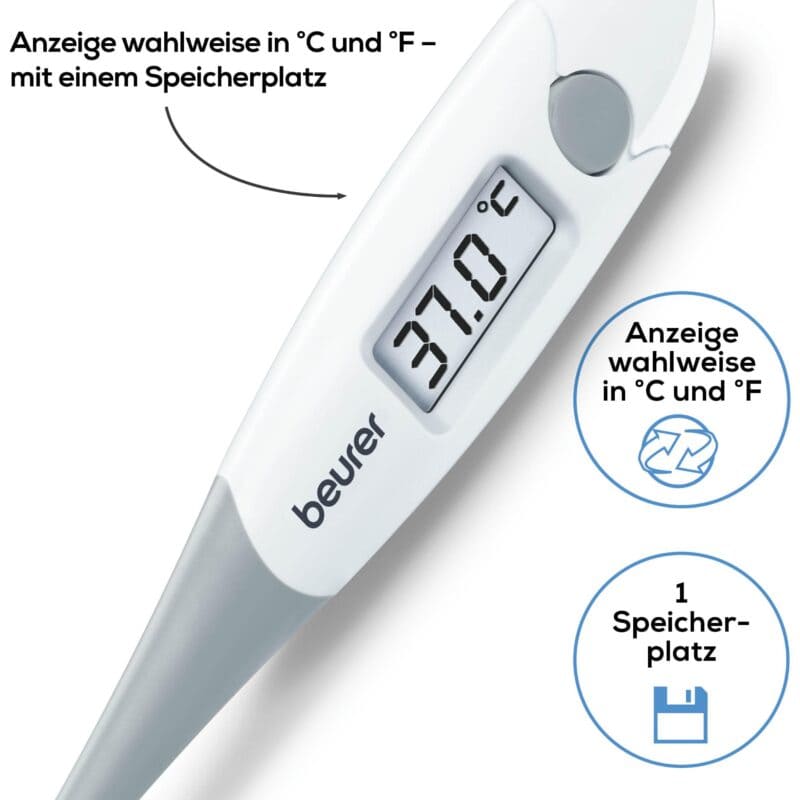 Digitales Fieberthermometer mit Speicher, Anzeige in °C und °F.