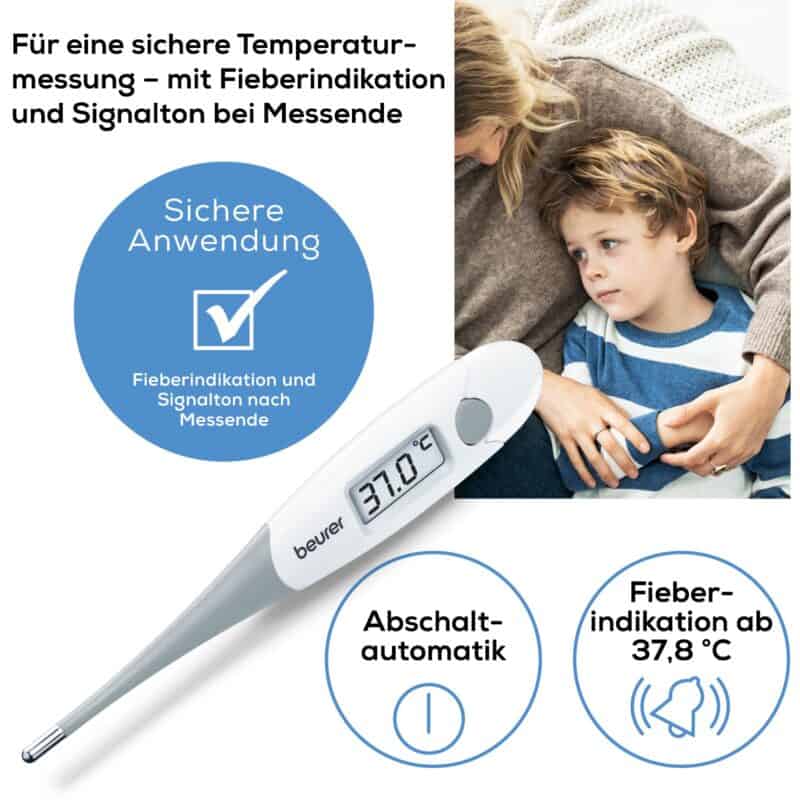 Digitales Fieberthermometer mit Signalton bei Fieber ab 37,8 °C.
