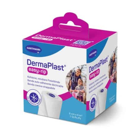 Hautverträgliche, ablösbare Fixierbinde, steril, selbsthaftend, medizinisch.